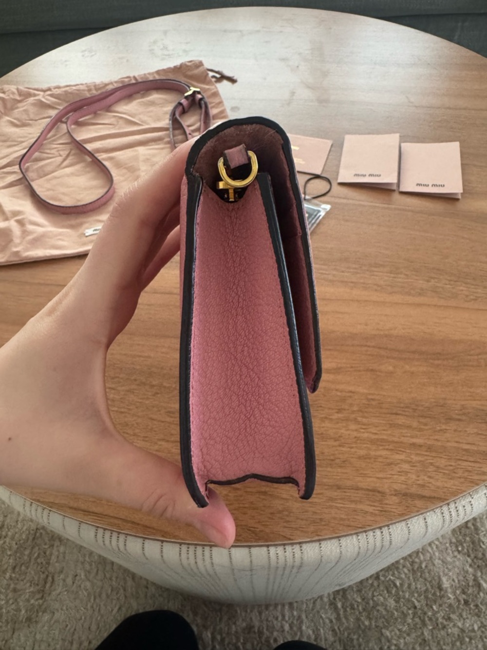 Miu Miu Madras Leather Push Lock Flap Crossbody Bag Pink Gold Hardware Small - Picture 5 of 14